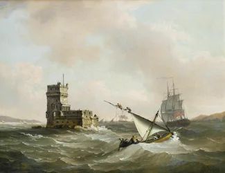 Une frégate anglaise dans des eaux agitées dans le Tage passant la tour de Belém